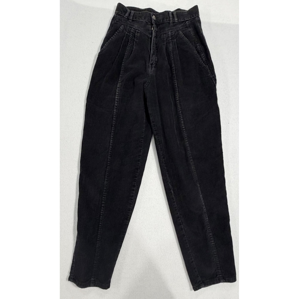 Vintage Black Corduroy Pants High Waisted Pleated Tapered Leg Women Sz 9/10